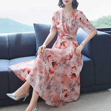 Summer Vintage Pink Floral Natural Silk Midi Dress 2022 Korean Women Maxi Sundress Elegant Bodycon Party Evening Vestidos 2024 - buy cheap