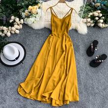 Plain Spaghetti Strap A Line Dress Yellow Sexy V Neck Dress For Women Chiffon Slit Beach Dress Summer Black Vestidos 2024 - buy cheap