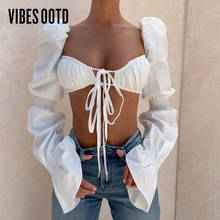 VIBESOOTD-Blusa fruncida con lazo frontal para mujer, camisa Sexy elegante con Espalda descubierta, manga de burbuja, Crop Tops, Blusas 2024 - compra barato