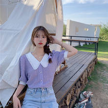 Chic Elegant Blouses Short Sleeve Tops 2020 New Fashion Female Shirt Summer Style Puff Sleeve Short Feminine Purple Blouse 2024 - buy cheap