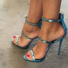 Sandalias de estilo clásico para mujer, zapatos de tacón fino de 3 correas, de estilo Gladiador, de charol azul, para fiesta 2024 - compra barato