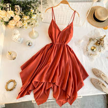 2020 Sexy Slim V Neck Asymmetrical Summer Midi Dress Party vestido de festa Spaghetti Strap Women Casual Beach Irregular Dresses 2024 - buy cheap