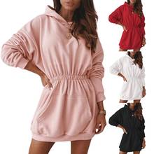 Women Casual Winter Solid Color Pullover Dress Long Sleeve Hoodie Sweatshirt 2024 - buy cheap