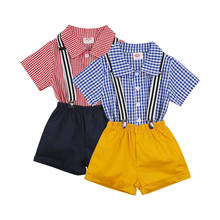 2021 0-5Y Summer Gentleman Kids Baby Boy Clothing Plaid Print Short Sleeve Shirt+Straps Shorts Bib Pants Casual School 2pcs Set 2024 - buy cheap