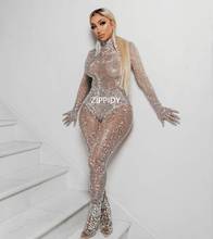 Shining Silver Stones Gloves Bodysuit Transparent Mesh Rhinestones Pants Birthday Celebrate Outfit Women Singer Costumes 2024 - buy cheap