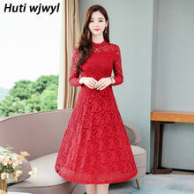 2022 Vintage Red Sexy Lace Lady Midi Dresses Autumn Winter Solid Long Sleeve Dress Elegant Women Bodycon Party Evening Vestidos 2024 - buy cheap