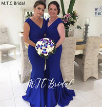 2020 длинное Королевское синее платье подружки невесты с v-образным вырезом, без рукавов, эластичное атласное свадебное платье для гостей на заказ 2024 - купить недорого
