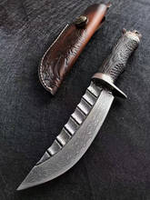 Нож с фиксированным лезвием, ручка в виде головы волка из дамасской стали, 128 слоев, для кемпинга, охоты, самообороны 2024 - купить недорого