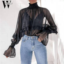Blouse Women Sexy See Through Chiffon Long Sleeve Blouse Elegant Perspective Ruffle Blouse Shirt Turtleneck Tunic Tops Blusas 2024 - buy cheap