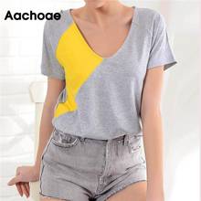 Aachoae Women Summer T Shirts Harajuku Patchwork T-shirt Ladies Sexy V Neck Short Sleeve Top Casual Loose Tunic Tee Shirt Femme 2024 - buy cheap