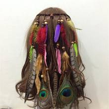 Indian Ethnic Adult Peacock Feather Wooden Bead Pendant Hair Lead With Hand-Woven Stretch Hair Accessories Headdress Jewelry 2024 - buy cheap