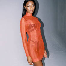 OMSJ 2019 Orange Summer Mesh Spliced Hollow Out High Neck Bodycon Dresses Women Sexy Long Sleeve Fashion Mini Women Beach Dress 2024 - buy cheap