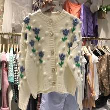 Suéter de lã bordado feminino, novo estilo vintage de outono e inverno, grosso, de tricô, casaco de manga comprida, 2020 2024 - compre barato