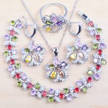 Flower Multicolor Cubic Zircon Silver Color Jewelry Sets For Women Bracelet Necklace Pendant Earrings Ring QS0535 2024 - compre barato