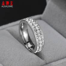 Auxauxme anel de compromisso feminino, anel de cristal brilhante com duas fileiras de aço inoxidável, joias de noivado para mulheres 2024 - compre barato