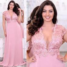 Delicado Plus Size Rosa Lace Apliques Prom Vestidos Mergulhando V Neck UMA Linha de Vestidos de Noite Vestidos De Fiesta Frisada Formal vestido 2024 - compre barato
