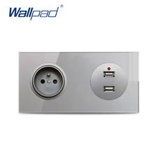 Wallpad French Wall Electric Socket With Double USB Charging Port 2.1A Grey Crystal Tempered Glass Double Panel 2024 - buy cheap
