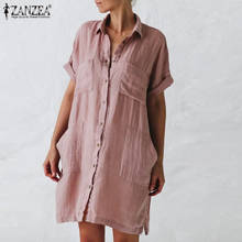 2021 Summer Short Sleeve Short Dress ZANZEA Elegant Work OL Shirt Sundress Women Casual Solid Cotton Linen Vestidos Female Robe 2024 - buy cheap