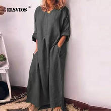 ELSVIOS Autumn Women casual Long Sleeve Loose Maxi Dress Lady solid Cotton Linen Dress  casual O Neck Solid Party Dress Vestidos 2024 - buy cheap