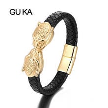 Genuine Leather Men's Bracelet Stainless Steel Gold Wolf Head Magnetic Wristband Handmade Punk Charm Bracelets Man Gift Jewelry 2024 - buy cheap