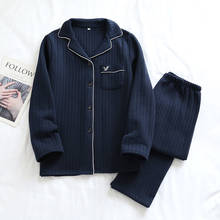 Japanese simple plaid Winter keep warm pajama sets men Navy style thicken 100% scuba cotton indoor sleepwear men homewear 2024 - buy cheap