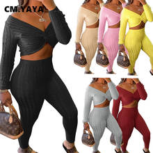 CM.YAYA Streetwear Knitted Women's Set V-neck Sweater Legging Pants Set Ribbed Tracksuit Two Piece Outfit Active Sweatsuit 2024 - buy cheap