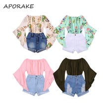 2021 1-6Y Toddler Baby Girl Clothing Off Shoulder Flare Long Sleeve Solid/Floral Print Top Blouse+Holes Denim Shorts Summer 2pcs 2024 - buy cheap