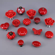 Puxador de cerâmica para gavetas e armários, puxador para portas e gavetas, flor de abóbora e borboletas, cores vermelhas, 1 peça 2024 - compre barato