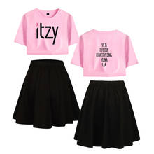 Trendy ITZY Women's Two Pieces Sets fashion Summer Pink black Exposed Navel T shirts +black Short Skirt women's two piece sets 2024 - buy cheap