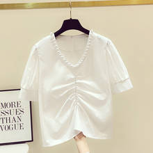 Blusa de verão com pregas e decote em v para mulheres, camisa branca, elegante, plissada, manga curta, verão, 2021 2024 - compre barato