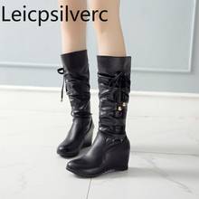 Women's Boots The New winter fashion Round head Lace-up Internal increase high High tube Women's shoes 34-39 Heel Height 7cm 2024 - buy cheap