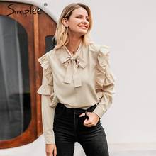 Simplee Vintage ruffles elegant women blouse shirts Casual office lady bow tie blouses shirt Solid work wear blusas mujer tops 2024 - buy cheap