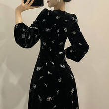 Vestido vintage e floral, vestido retrô preto, elegante, francês, manga longa, gola quadrada, vestido coreano, primavera 2024 - compre barato