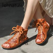 Johnature-sandalias de verano para mujer, botines de cuero genuino con cordones y punta redonda, botas hechas a mano con costura, novedad de 2021 2024 - compra barato