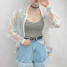 Harajuku-Chaqueta Bomber transparente de arcoíris para mujer, cazadora Kawaii adorables largo a prueba de lluvia, abrigo chaqueta cortavientos básica de manga larga 2024 - compra barato