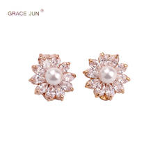 GRACE JUN New Style Flower Clip on Earrings No Pierced for Women Party Birthday Elegant Jewelry Cubic Zircon Pearl Stud Earrings 2024 - compra barato