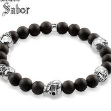 mens Black Five Skull Bead Bracelet Black Obsidian Heart Matted Bracelet Rebel silver color Jewelry Gift Men jewellery 2024 - buy cheap