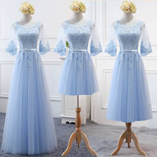 MNZ-17T#Embroidered Sky Blue Bridesmaid's Dresses Long Lace up Middle sleeve Marriage Sister Christmas Dress Girls wholesale 2024 - buy cheap