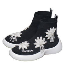 Ботинки-носки Стразы с черными цветами, обувь из эластичной ткани, женские модные повседневные спортивные кроссовки, ботильоны на платформе, Botas Mujer 2024 - купить недорого