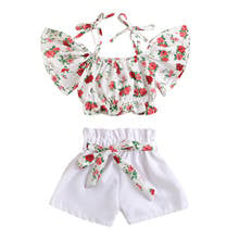 Ropa de vendaje con hombros descubiertos para niña, Top corto de manga corta con estampado Floral y pantalones cortos blancos con cinturón de verano, 3 uds., 2021 0-4 años 2024 - compra barato