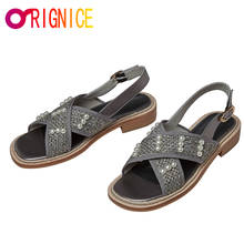 Orignice 2021 New Summer Leisure Slingback Sandals Women Open Toe Woven Pearl Decoration Flat Bottom Fashion Vacation Shoes 2024 - buy cheap