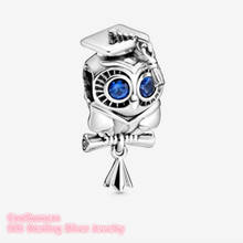 Mother's Day 100% Original 925 Sterling Silver Wise Owl Graduation Charm blue crystals beads Fits Brand bracelets Jewelry 2024 - buy cheap