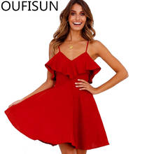 Oufisun 2020 Summer New Casual Solid Mini Party Dress Sexy V-neck Spaghetti Strap Dress Fashion Ruffles Backless Womens Dresses 2024 - buy cheap
