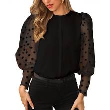 Women Elegant Blouse Spring O Neck Long Puff Sleeve Shirts Stitching Mesh Polka Dot Print Autumn Daily Wear Shirt Tops 2024 - buy cheap