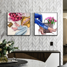 Arte de pared estilo de pintura en lienzo, zapatos de tacón alto de moda, carteles de flores e impresiones, imágenes de decoración nórdica, decoración moderna del hogar 2024 - compra barato