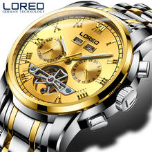 LOREO-Reloj de pulsera de acero inoxidable para hombre, accesorio masculino con mecanismo automático de Tourbillon, luminoso, dorado, con fecha 2024 - compra barato