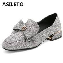 ASILETO Woman Novelty Shining Flat shoes Square Heels 2.5cm Hoof heels Slip on Bowtie Beading Big size 30-50 Leisure S1865 2024 - buy cheap