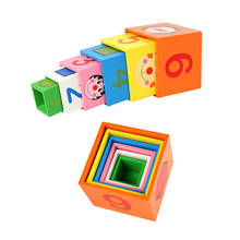 Caixa quadrada de brinquedo infantil, grande caixa de madeira de empilhamento em arco-íris, brinquedos infantis montessori de educação, cor e forma, presentes cognitivos 2024 - compre barato