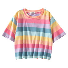 Camiseta feminina listrada de arco-íris, camiseta harajuku de verão com manga curta, camisa punk coreana 2024 - compre barato