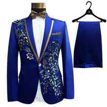 (Jacket+Tie+Pants) Three Pieces Set Men's Suits Singer Performance Stage Show Sequins Embroidery Flower Blue Black Wedding Suit 2024 - buy cheap